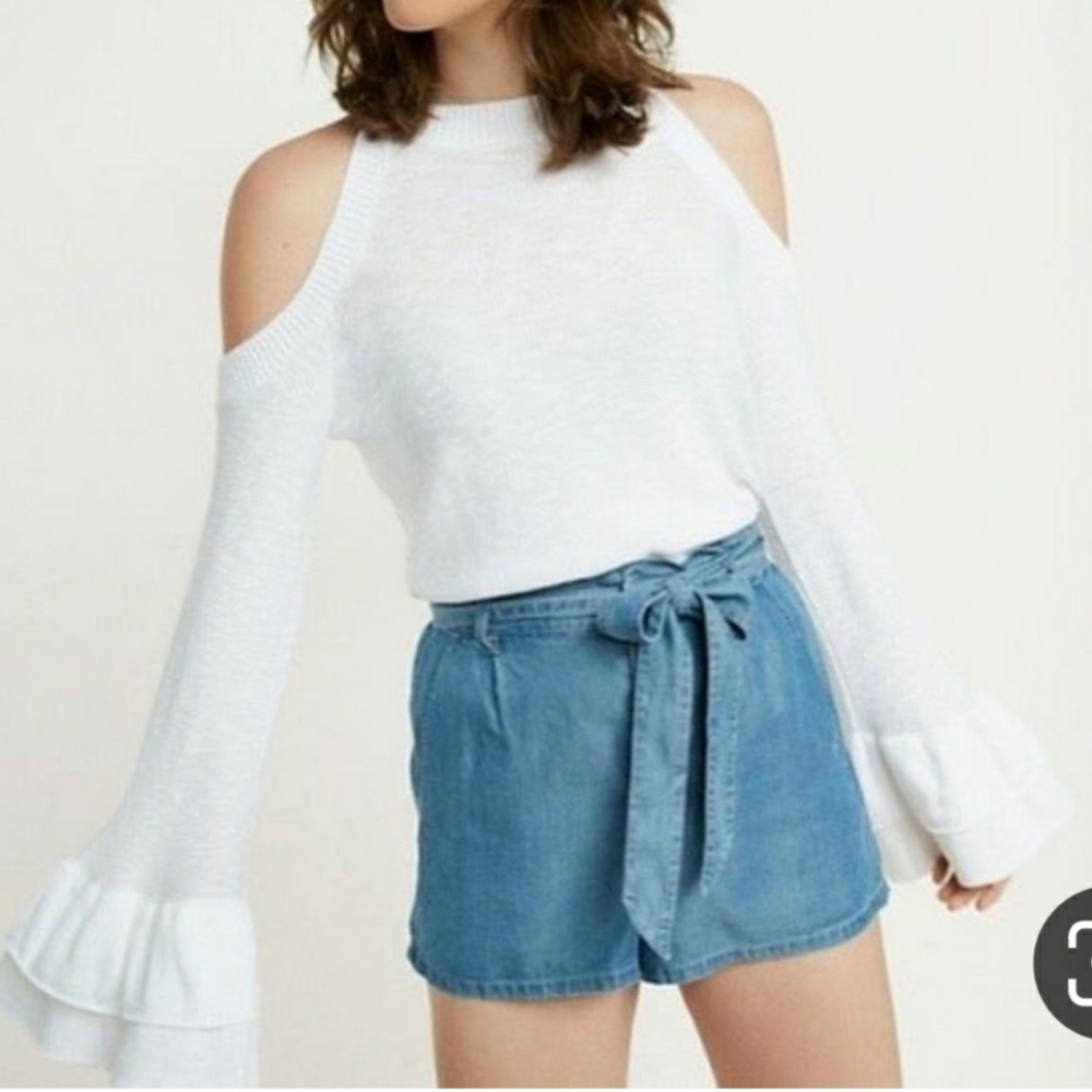 Express cut out shoulder long cascading ruffle sle